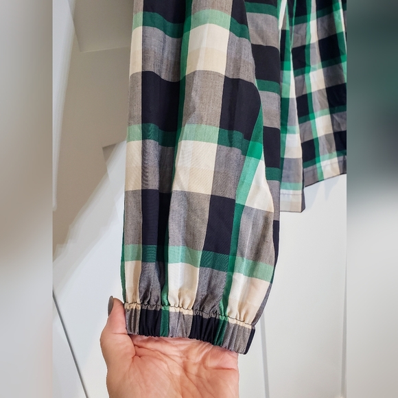 Ann Taylor Plaid Ruched Square Neck Top Size Large Black Green White Bra… - Picture 8 of 16